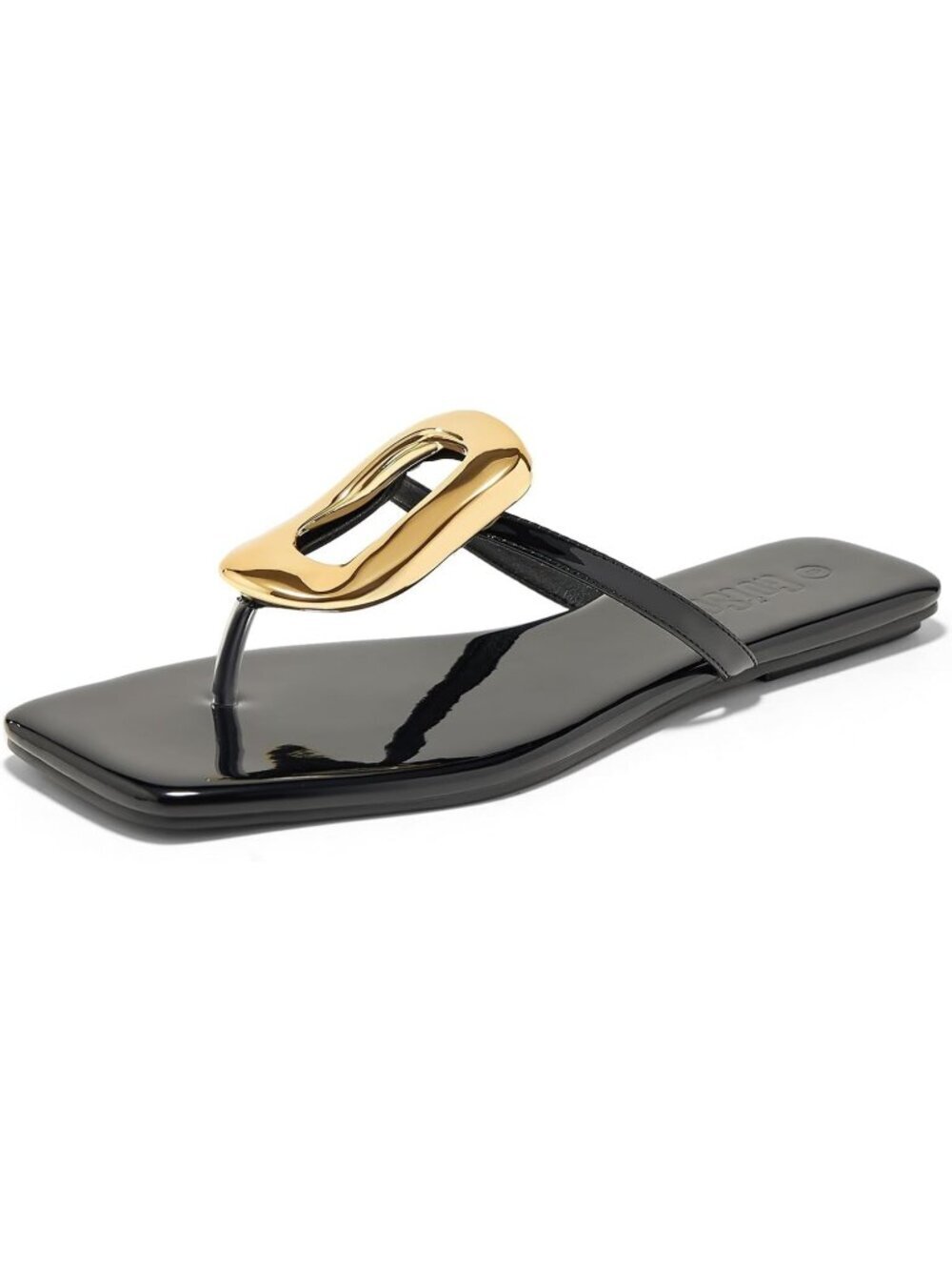 Women's Black Leather Flats Sandals Square Toe Metal Decoration Flip Flops Shoes - Picture 4 of 6